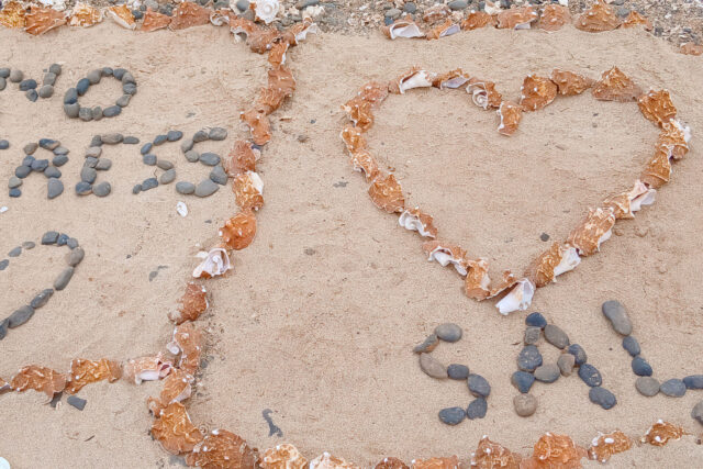 Shell Cemetery Beach, broken shells, rough sea and an unpolished walk