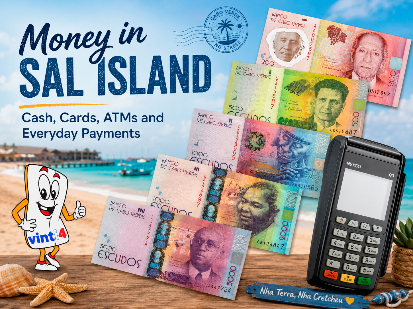 Cape Verde escudo banknotes, card payment terminal and Vinti4 symbol illustrating cash, cards and everyday payments in Sal Island