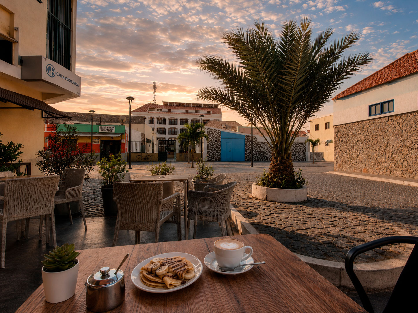 What-tourists-often-misunderstand-about-life-in-Sal-2 Quiet café terrace in Santa Maria, Sal, Cape Verde, with breakfast on the table and a calm local street atmosphere at sunset