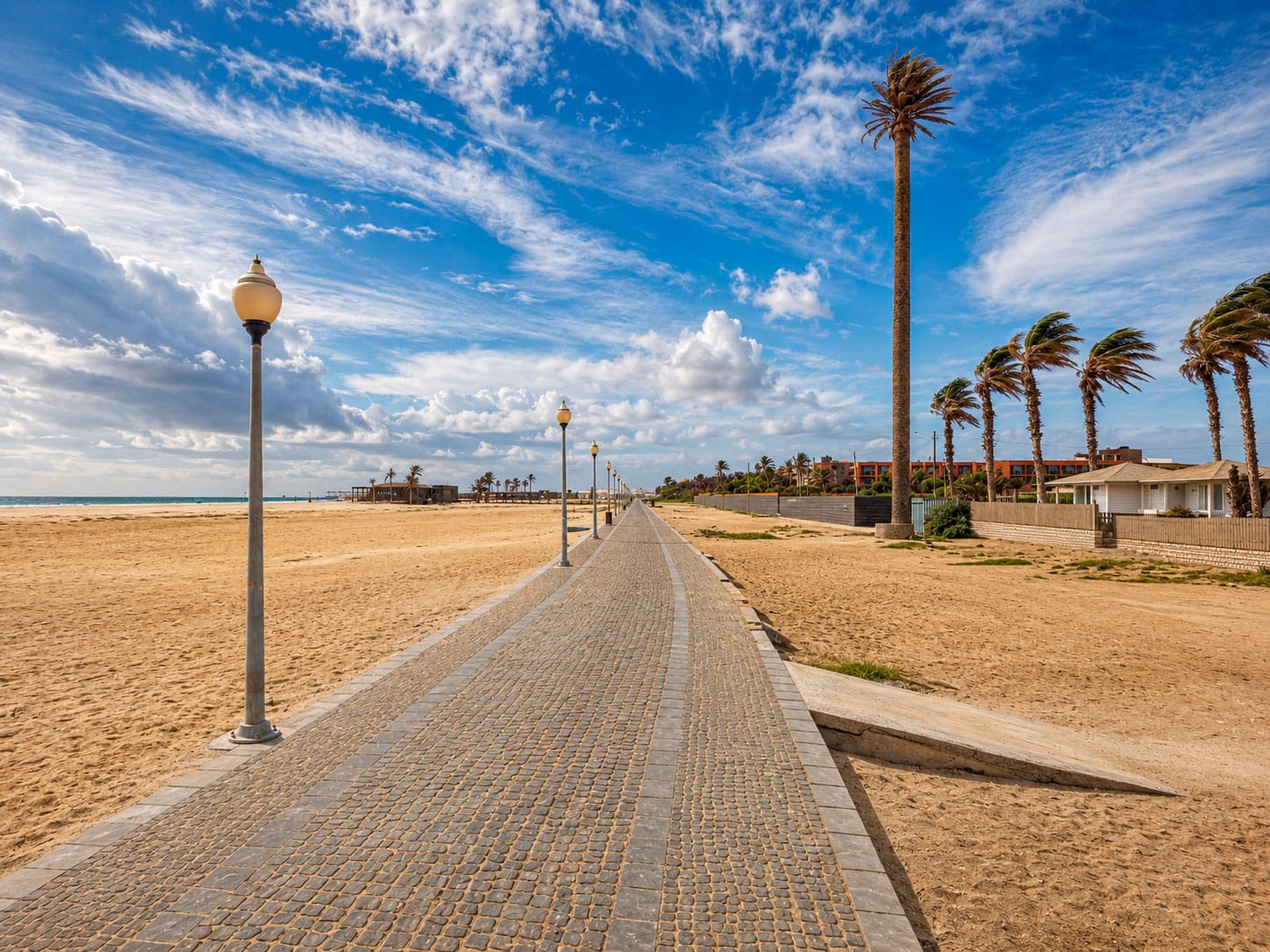Windblown palm trees beneath a dramatic sky along the beachfront promenade in Santa Maria, Sal Island