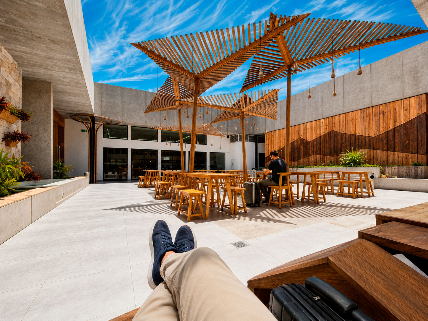 Waiting at Sal Island Airport Traveller waiting with crossed legs in the open-air passenger area at Sal Island airport