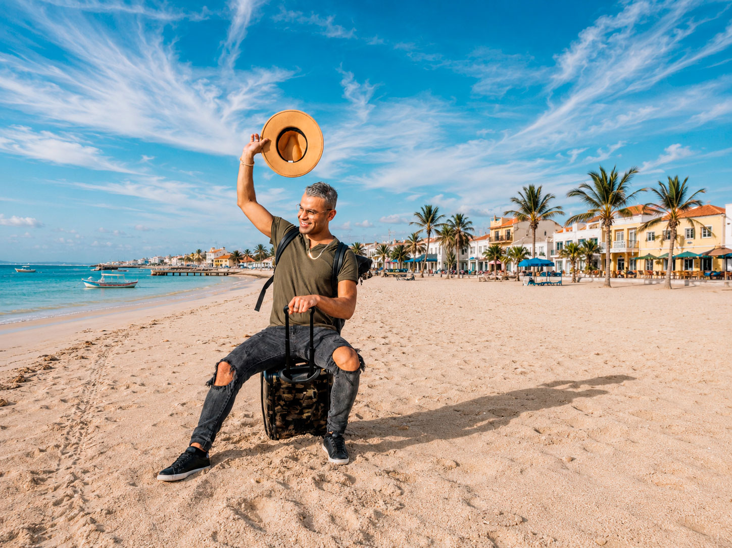 What Not to Do During Your First 48 Hours in Sal Traveller sitting on his suitcase after arriving at Santa Maria Beach in Sal Island, Cape Verde.