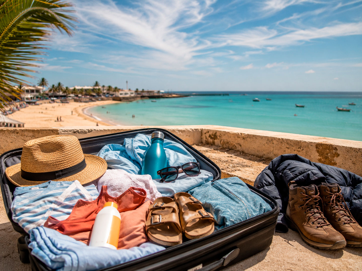 What to Pack for Sal Island — Travel Essentials for a Smart Trip Travel essentials prepared for a trip to Sal Island, including light clothing, beach items and practical luggage for a sunny stay in Cape Verde.