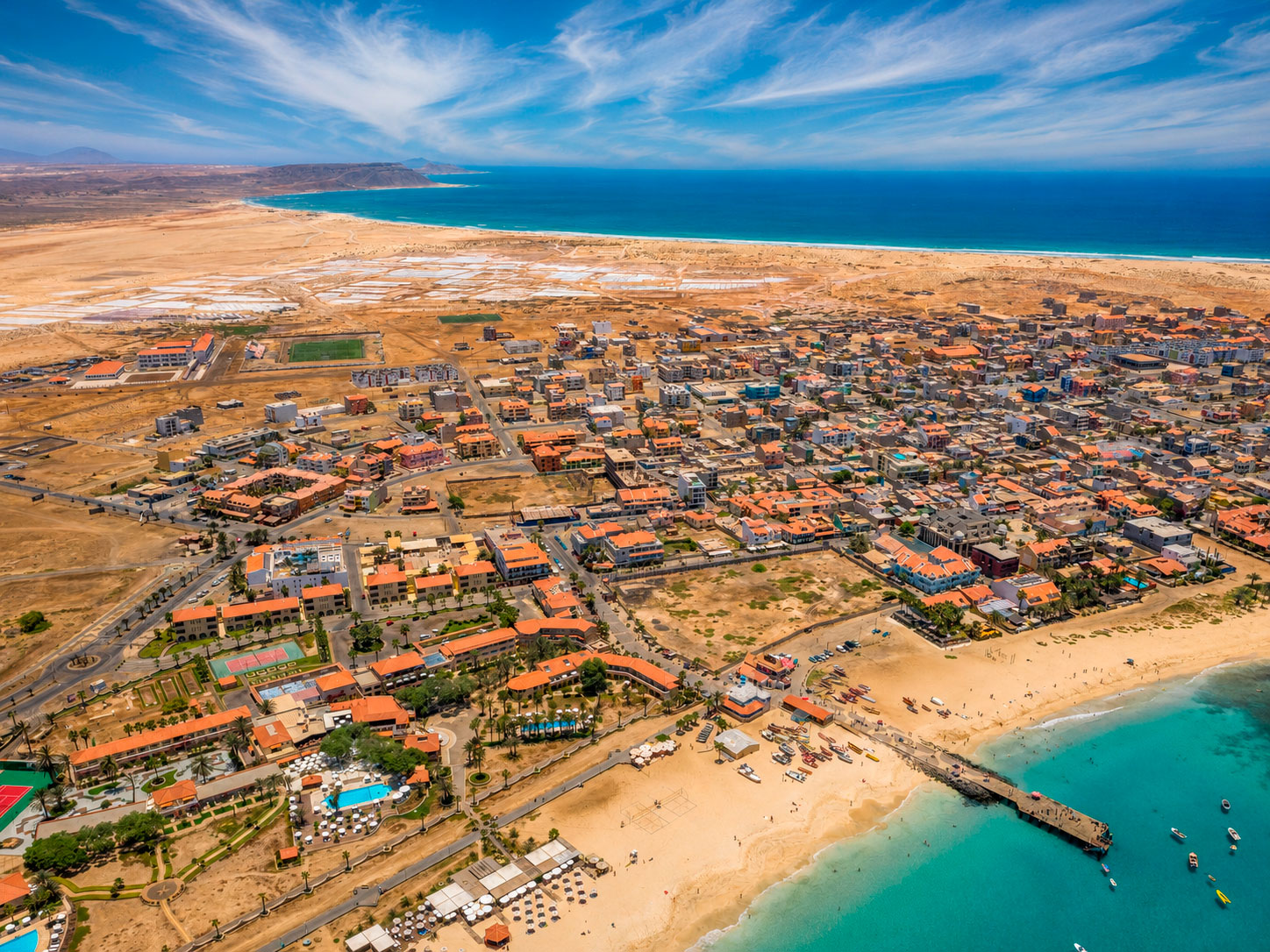 Aerial View of Santa Maria, Sal Island Aerial view of Santa Maria in Sal Island, showing the beach, turquoise water, pier and town layout from above.