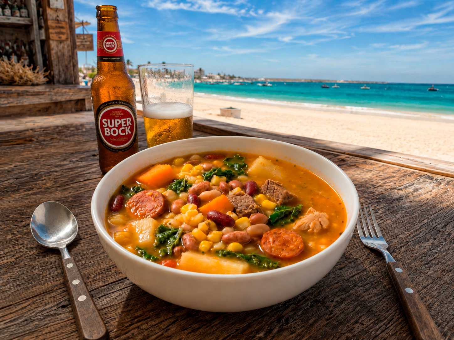 Traditional Cape Verdean cachupa served at a beach bar in Sal Island with beer and ocean view